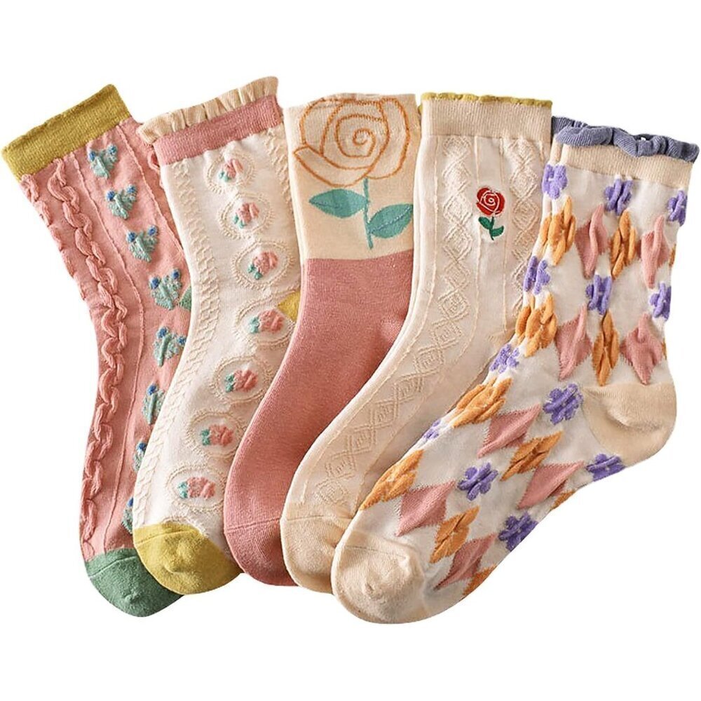 ❤️Womens Floral Socks Vintage Embroidered Frilly Floral Socks Kawaii Girly Ankle - Picture 1 of 7